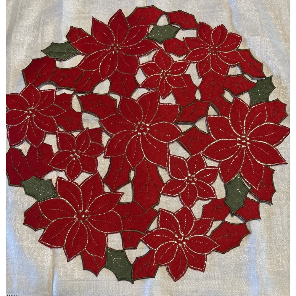 Set 4 Red & Green Poinsettia Embroidered Christmas Table Mats Centerpiece 15"